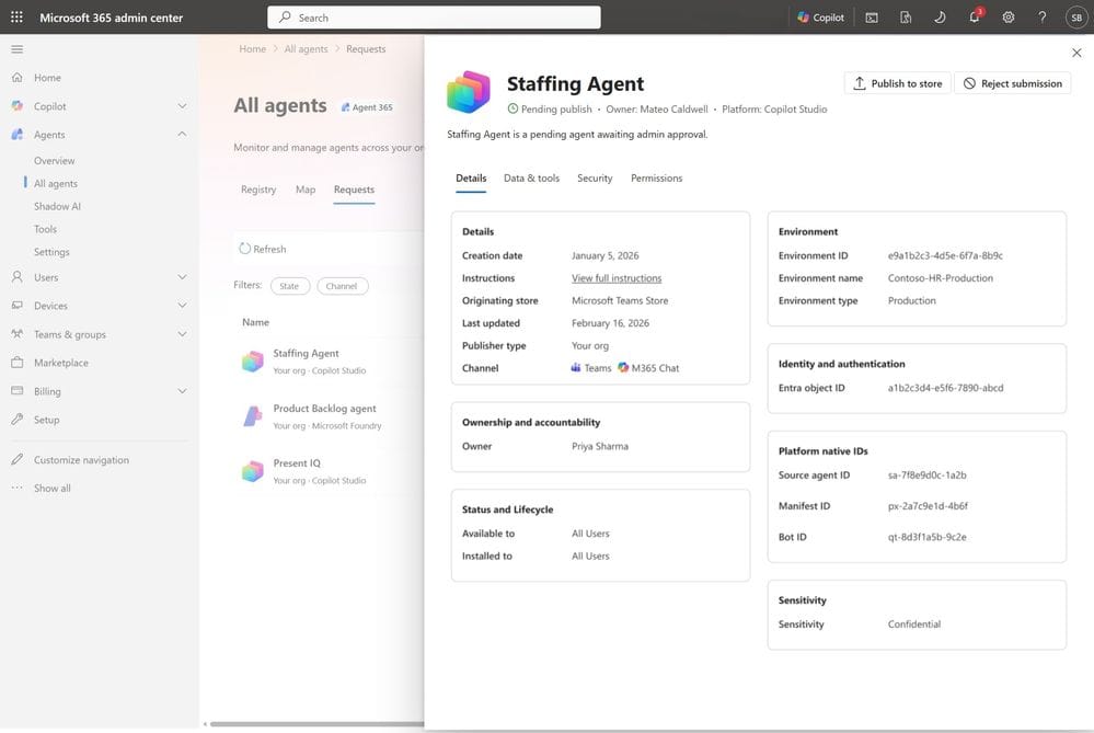 obrázek se seznamem požadovaných agentů, vybraným fiktivním Staffing Agent a volbami Publish to store nebo Reject submission