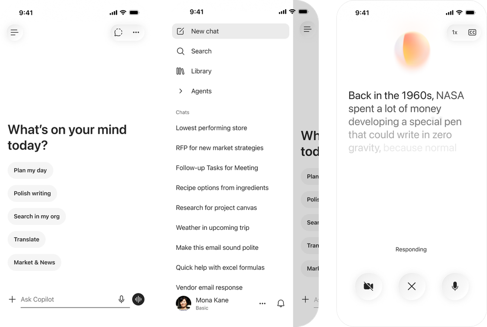 Série tří screenshotů z mobilu: domovská obrazovka aplikace Microsoft 365 Copilot, navigace a hlasová interakce.