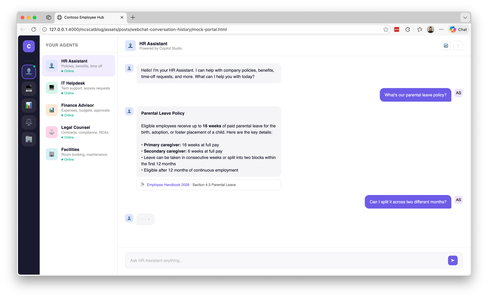 Zaměstnanecký portál s více agenty – specialisté podle domén (anonymizovaný mockup aplikace zákazníka)