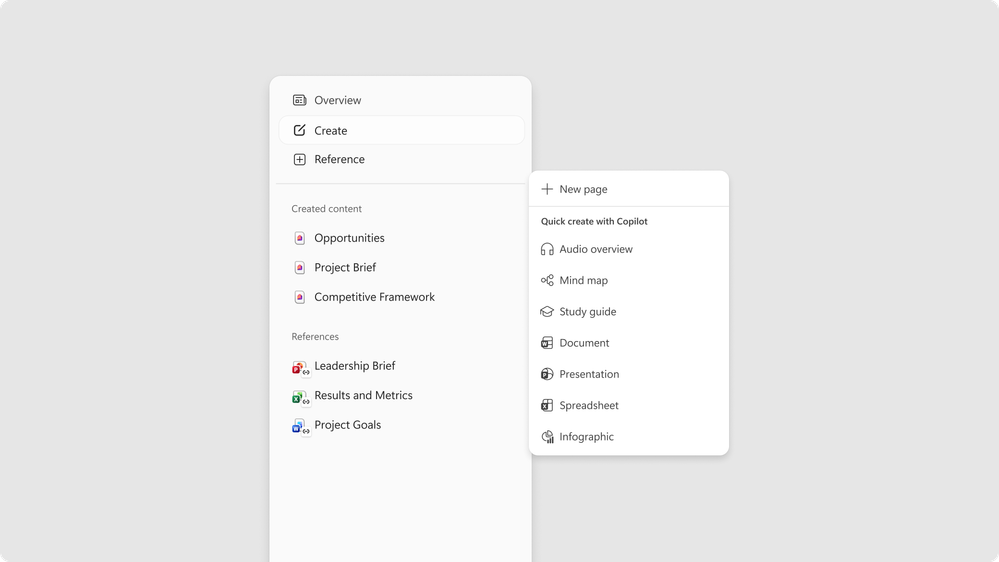Nový design levé navigace v aplikaci Microsoft 365 Copilot, s výstupy jako audio overview, mind map, study guide a documents v