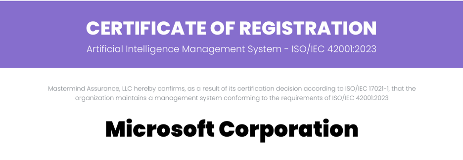 Certifikát registrace systému řízení AI (Artificial Intelligence Management System) pro Microsoft Corporation.