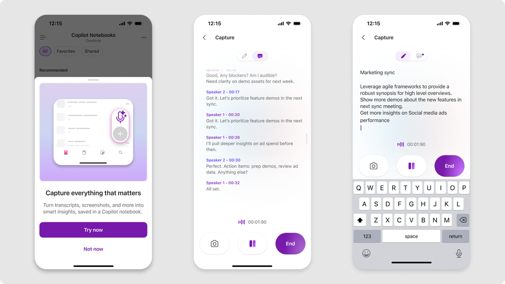 Ukazuje 3 různé obrazovky mobilu s funkcí multimodálního záznamu v aplikaci OneNote pro iOS: úvodní zprávu, živý přepis a ruční poznámky.