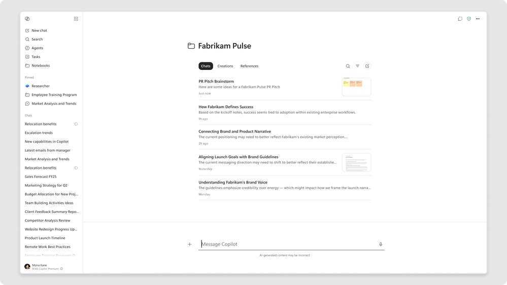 Screenshot nového designu Copilot Notebooks v aplikaci Microsoft 365 Copilot